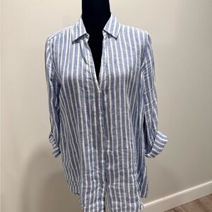Isaac Mizrahi Blue and White Striped Button-Up Linen Blouse